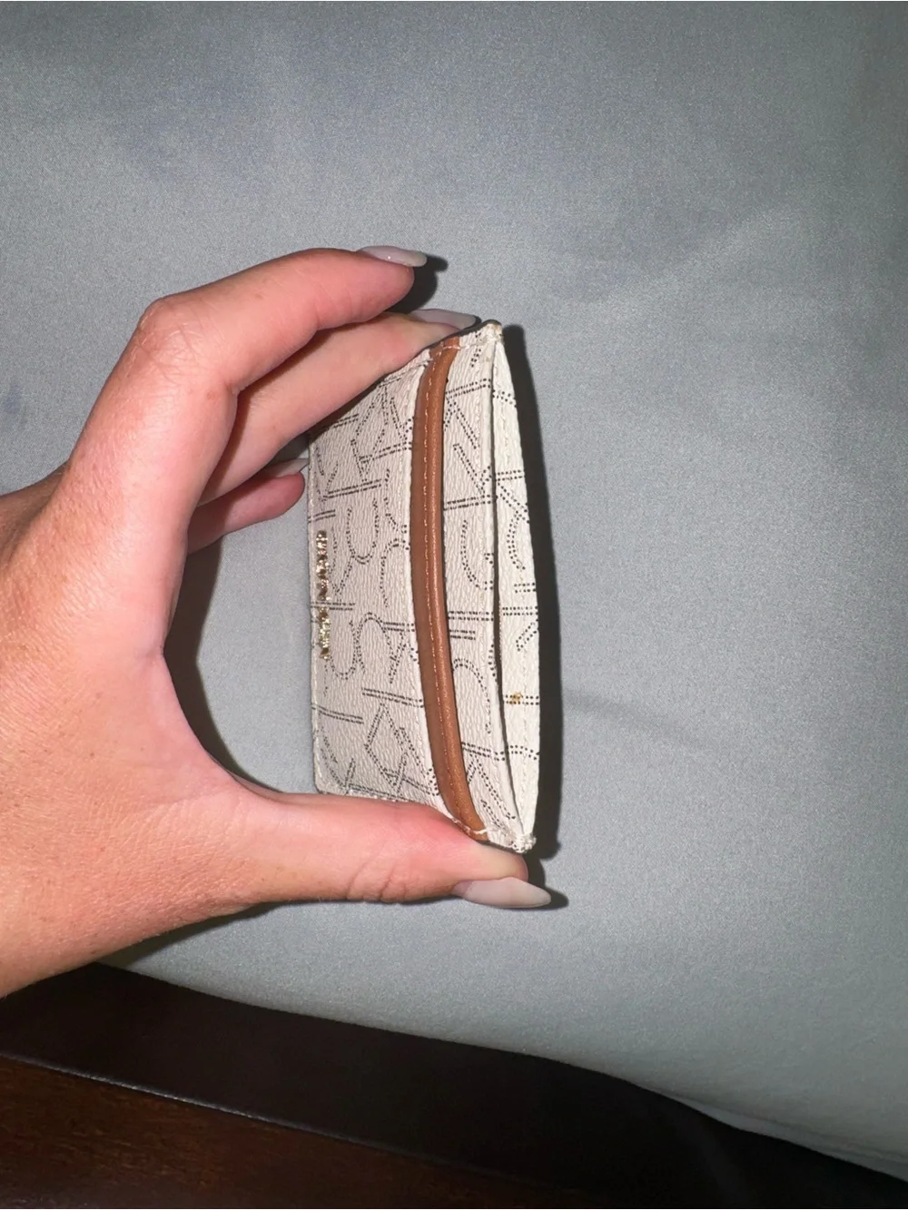 Calvin Klein Cream Monogram Card Case with Brown Trim